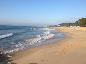 A sandy beach with gentle waves, a clear sky, and a distant shoreline with buildings. - Grovefield Manor (Poole)