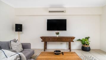 Sala de estar com sofá cinza, mesa de centro de madeira, televisão de tela plana, console de madeira com uma planta e um alto-falante preto.