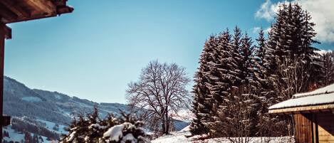 A wooden cabin with a snow-covered roof, surrounded by snow-laden trees and a clear blue sky.