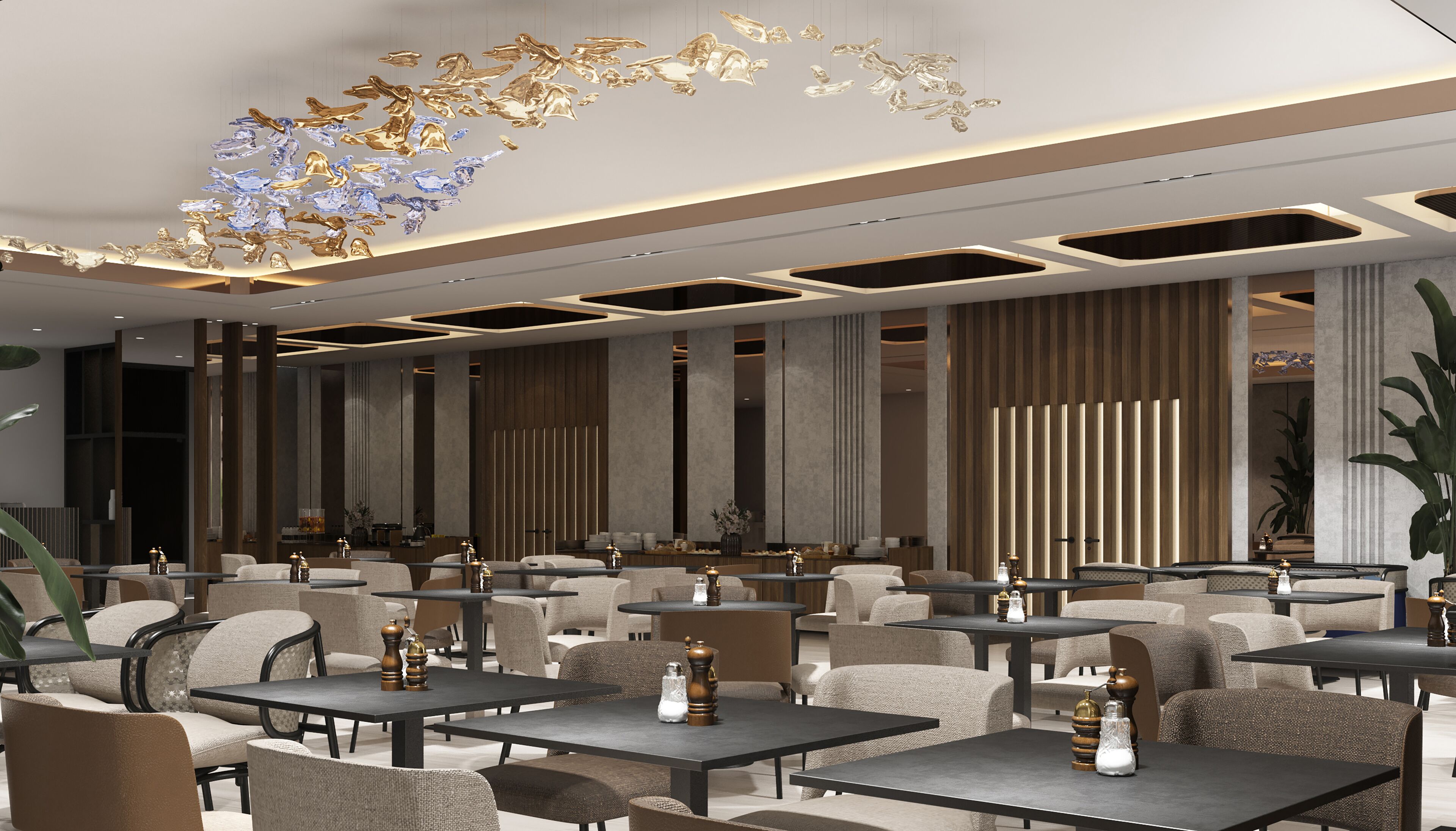 A modern dining area with multiple tables and chairs, a decorative ceiling feature, and vertical wooden panels.