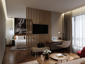 ميني بار وخزنة داخل الغرفة ومكتب ومساحة عمل للكمبيوتر المحمول