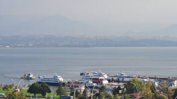 A marina with boats docked, a cityscape in the background, and a clear view of the water.