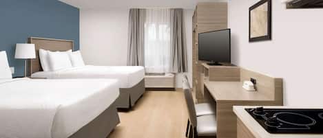 Desk, laptop workspace, blackout curtains, iron/ironing board