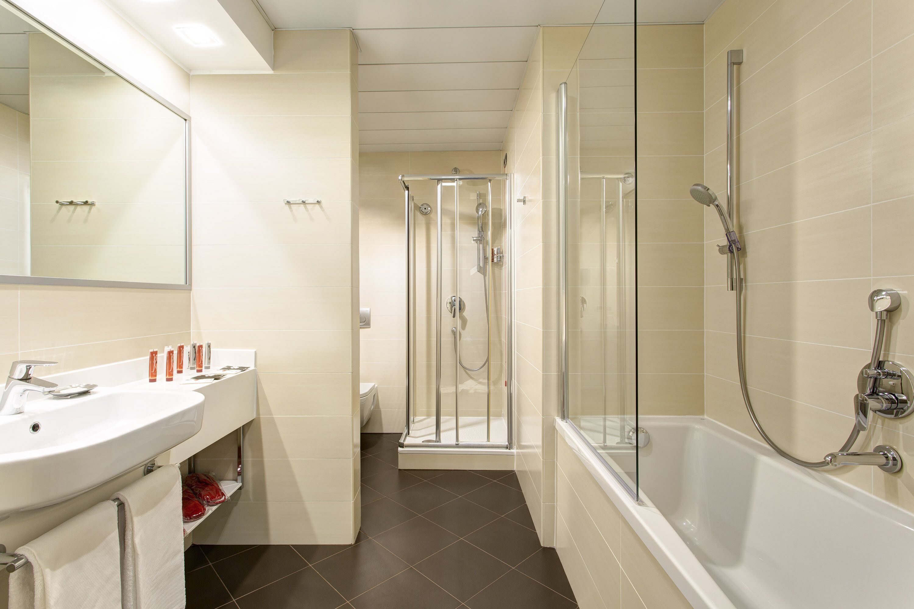 free toiletries, hair dryer, bidet, towels