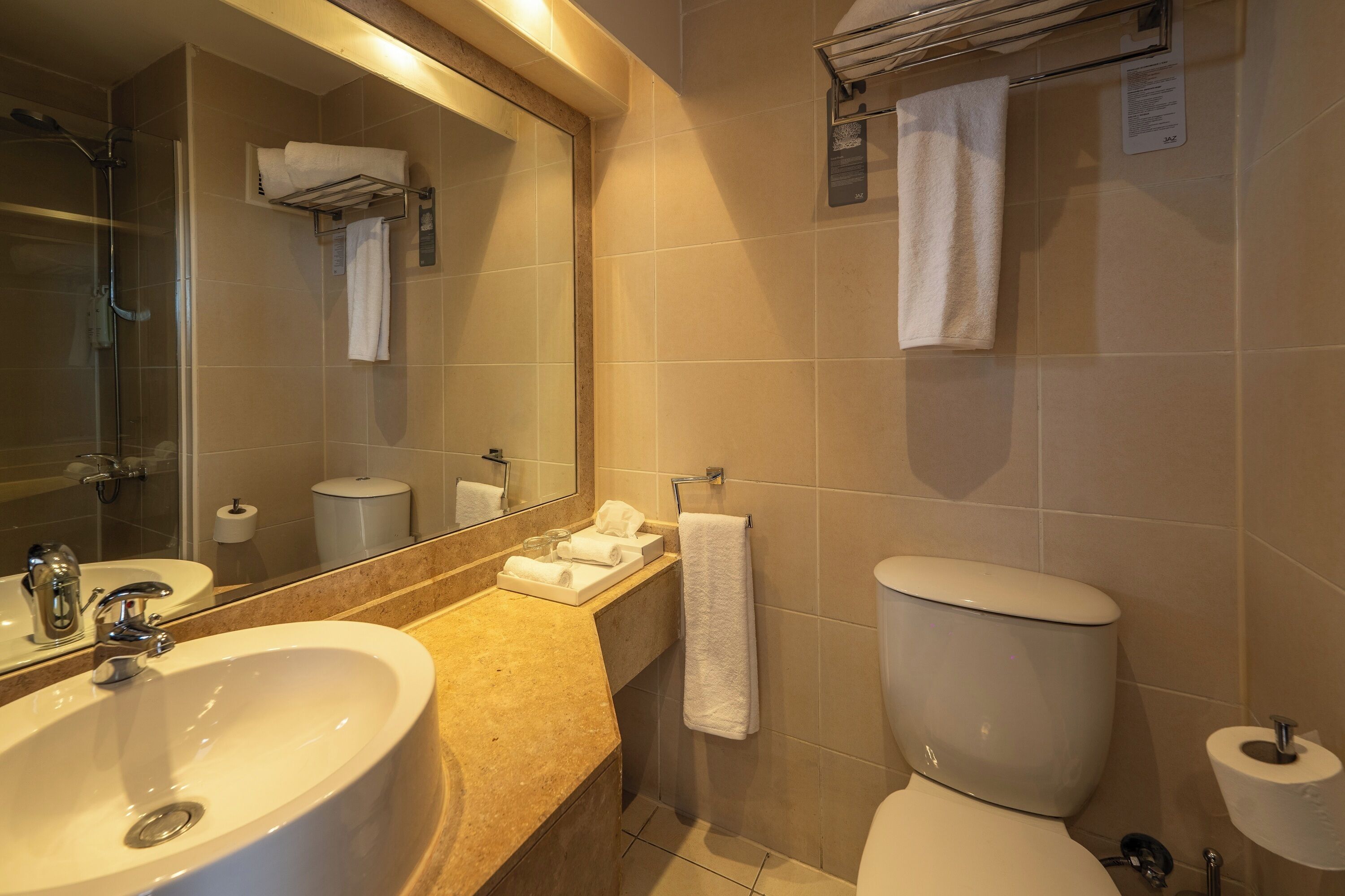 A bathroom with a sink, mirror, toilet, and towel rack.