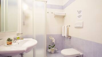 Un bagno con doccia, wc, lavandino e specchio.