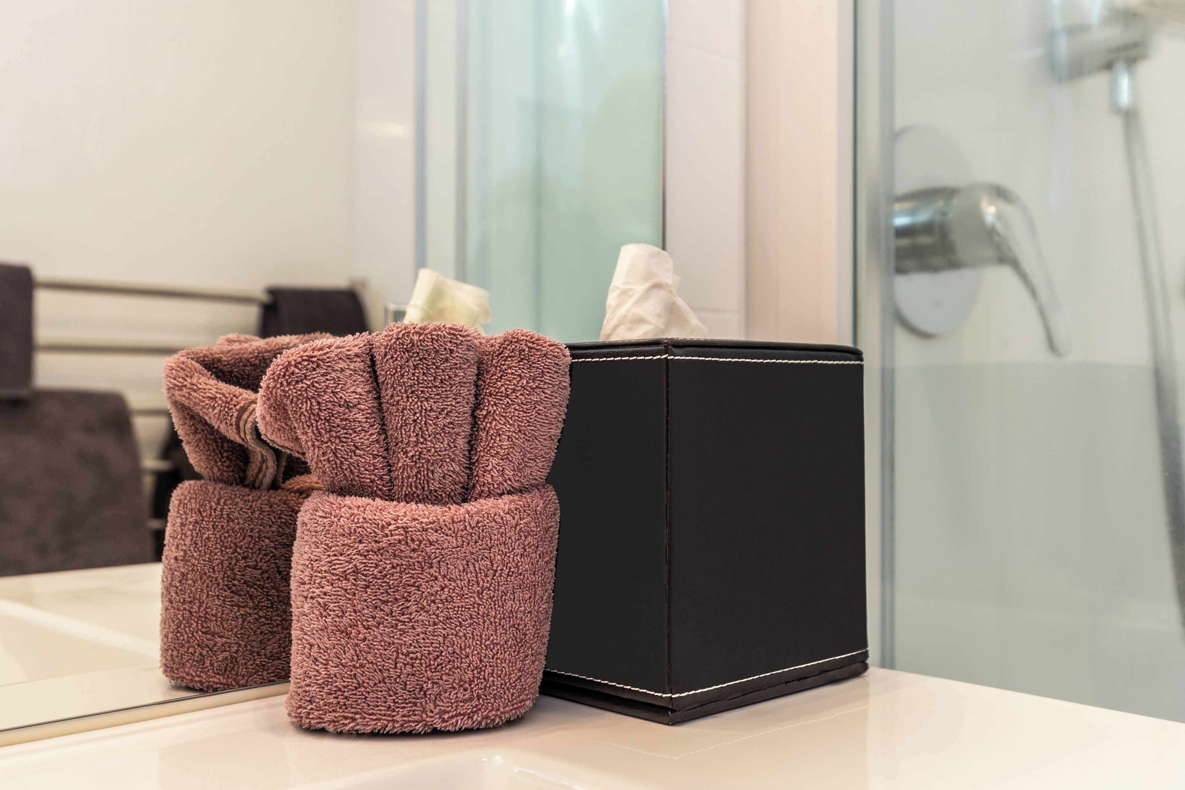 Un baño con una caja negra que contiene pañuelos de papel y un par de pantuflas mullidas.