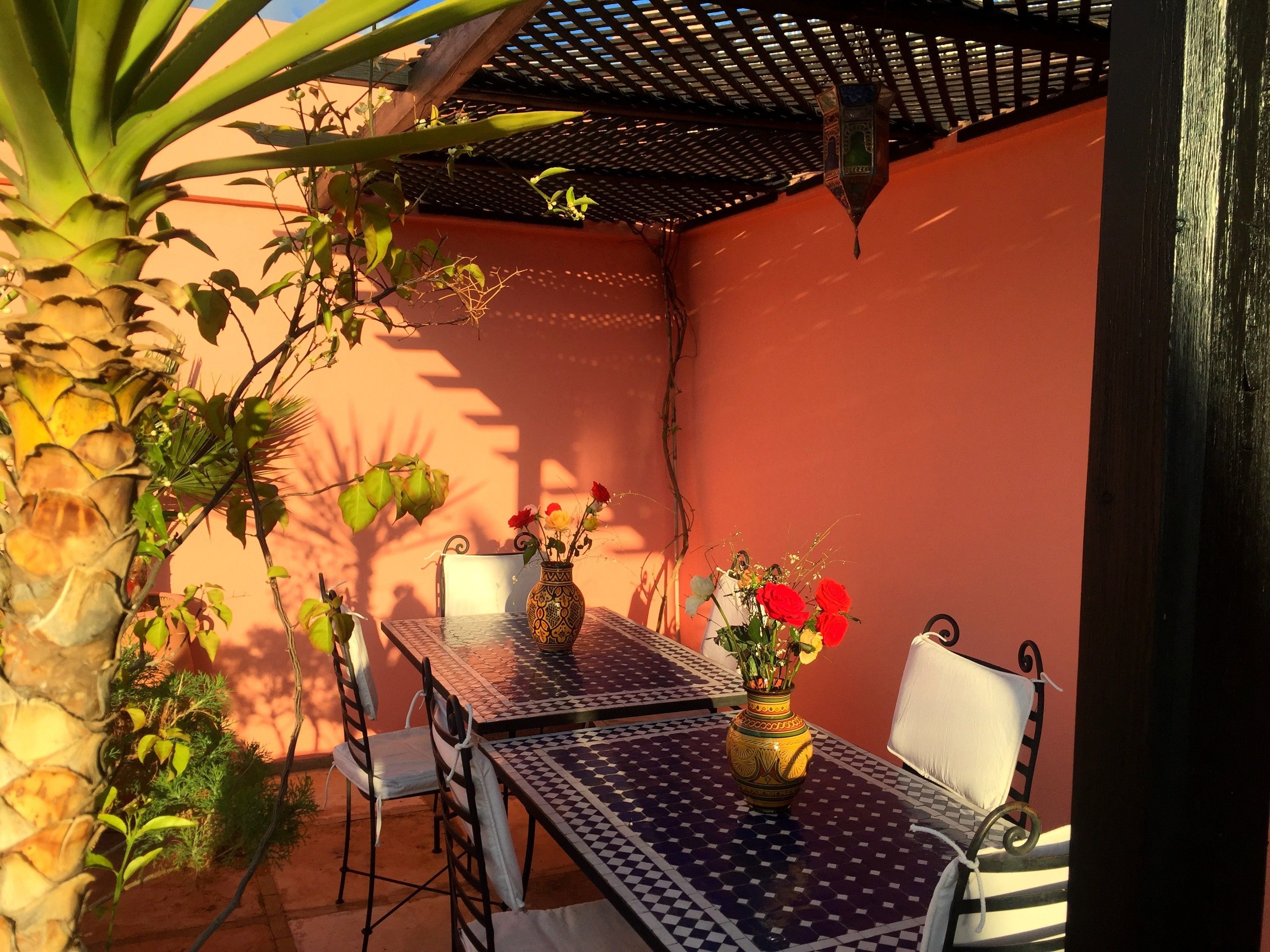 Um pátio externo com mesa e cadeiras, rodeado por plantas e um vaso decorativo com flores.
