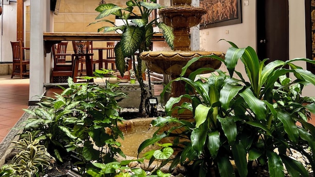 A lobby with a fountain, indoor plants, a dining area, and a painting of a house on the wall. - San Antonio Hotel Boutique (Cali)
