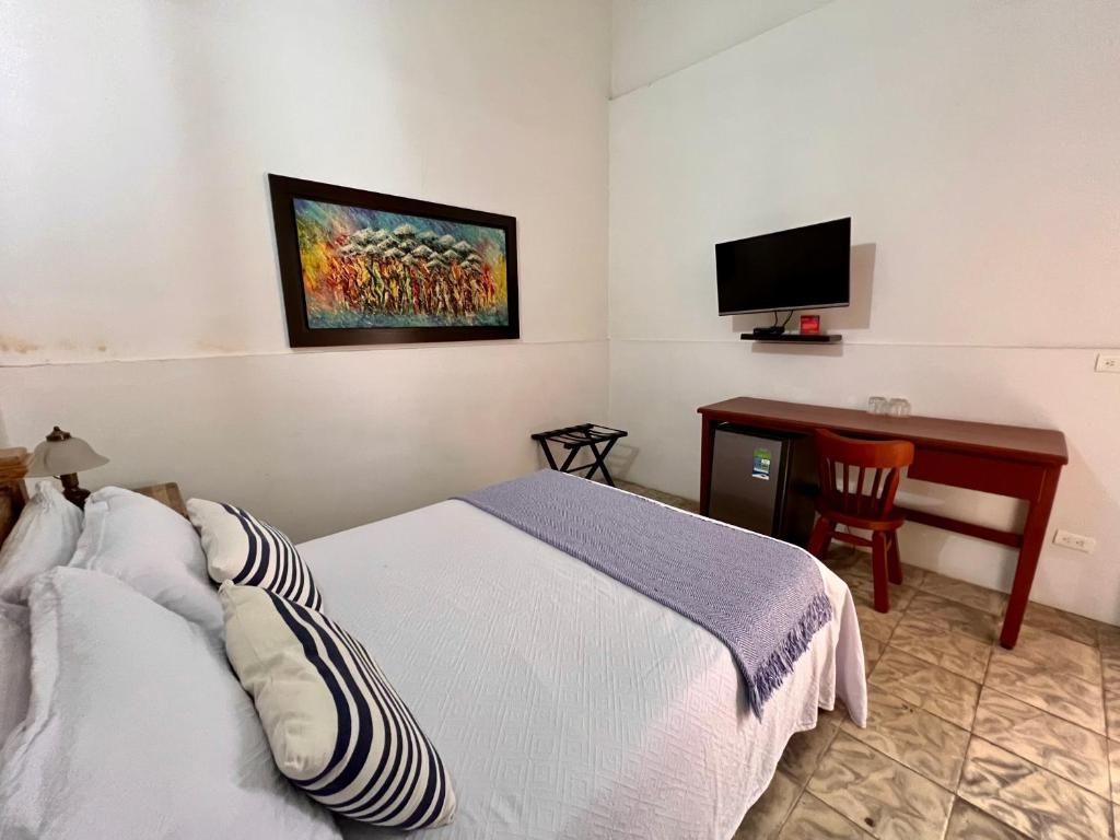 Una habitación de hotel con una cama, un escritorio, un televisor y un cuadro en la pared.