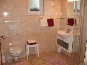 Shower, hair dryer, towels, toilet paper