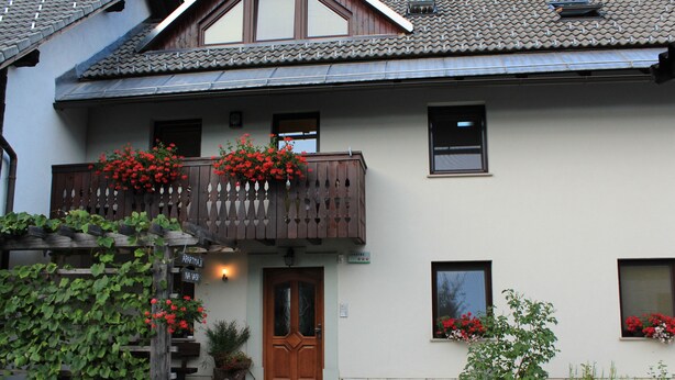 A two-story building with a balcony adorned with red flowers, a wooden door, and a small garden area with various plants. - Apartments Bohinj na vasi (Bohinj)