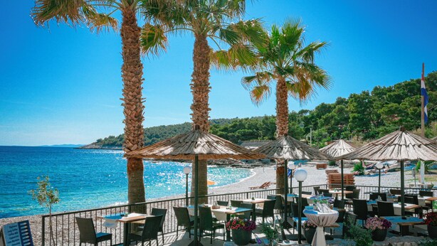 Ein Restaurant am Meer mit Außenbereich, Palmen und Meerblick.