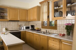Full-sized fridge, microwave, stovetop, dishwasher