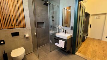 A modern bathroom with a glass shower enclosure, a toilet, a sink with a towel, and a mirror.