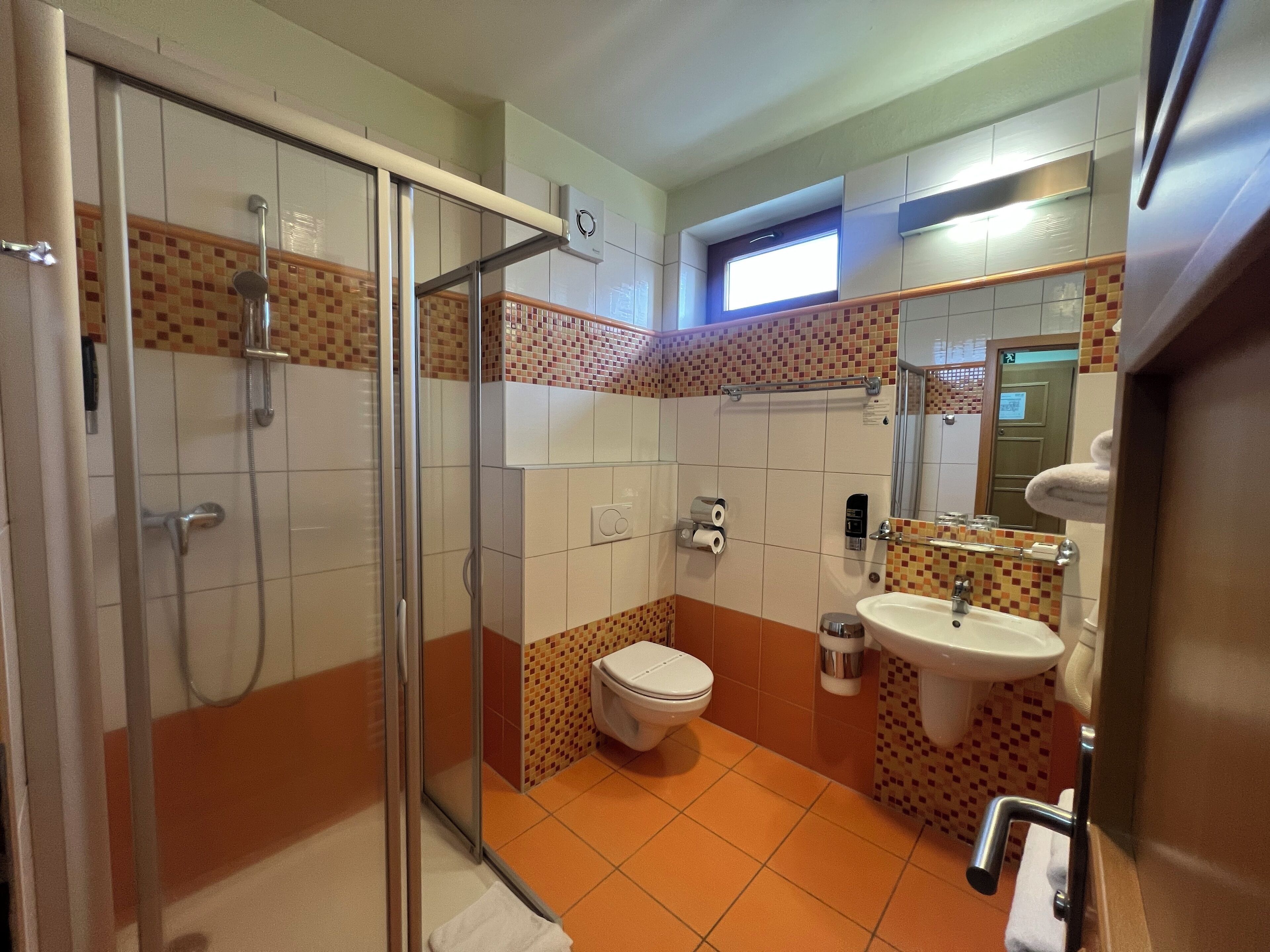 A bathroom with a glass shower enclosure, a toilet, a sink, and a mirror.