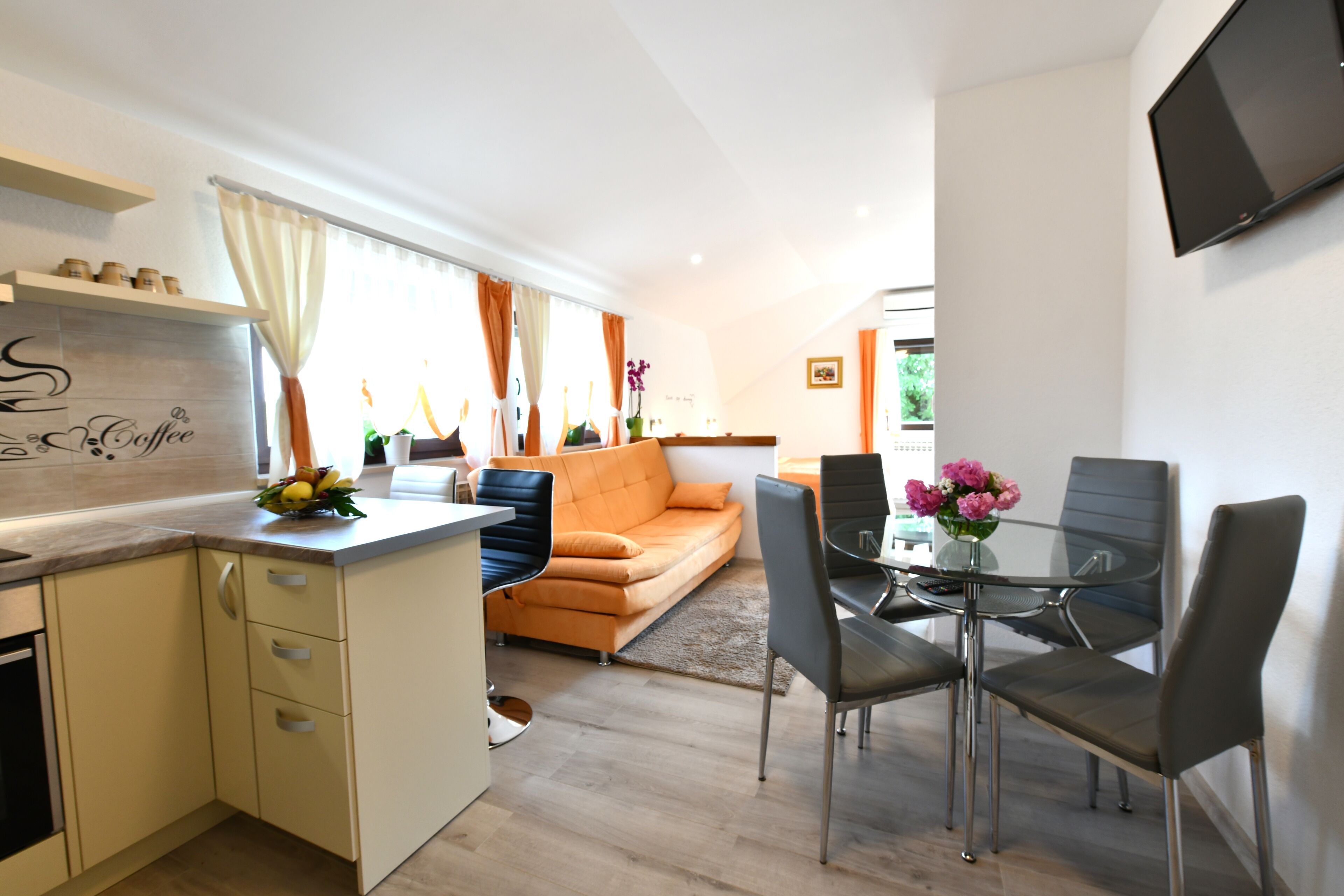 Deluxe Apartment (Studio 1) | Living area | 80-cm LED TV with satellite channels, TV, books