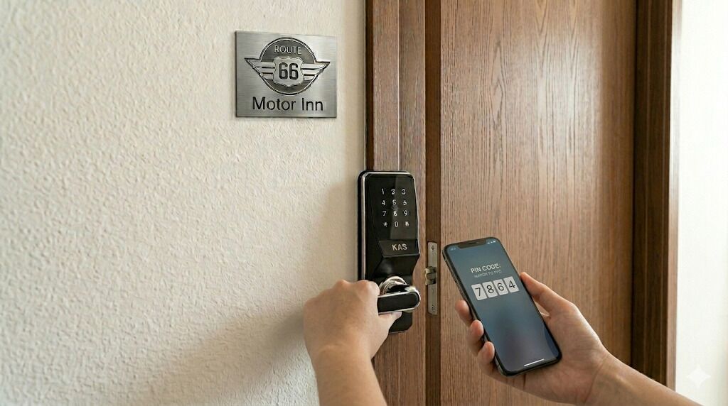 A person using a keypad and a smartphone to unlock a door with a sign indicating 'Motor Inn.'