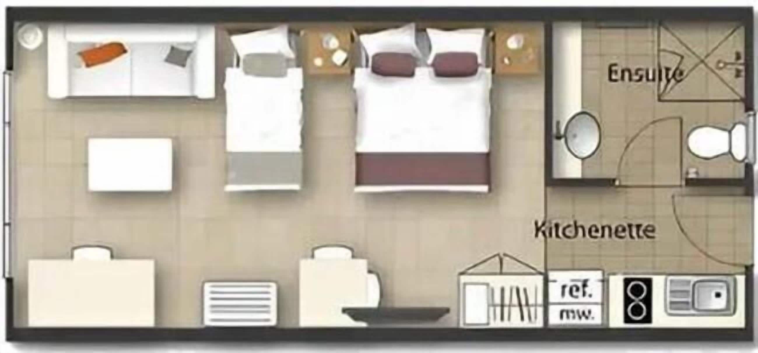 Distribución de una habitación de hotel con cama, dos mesitas de noche, armario, kitchenette y baño.