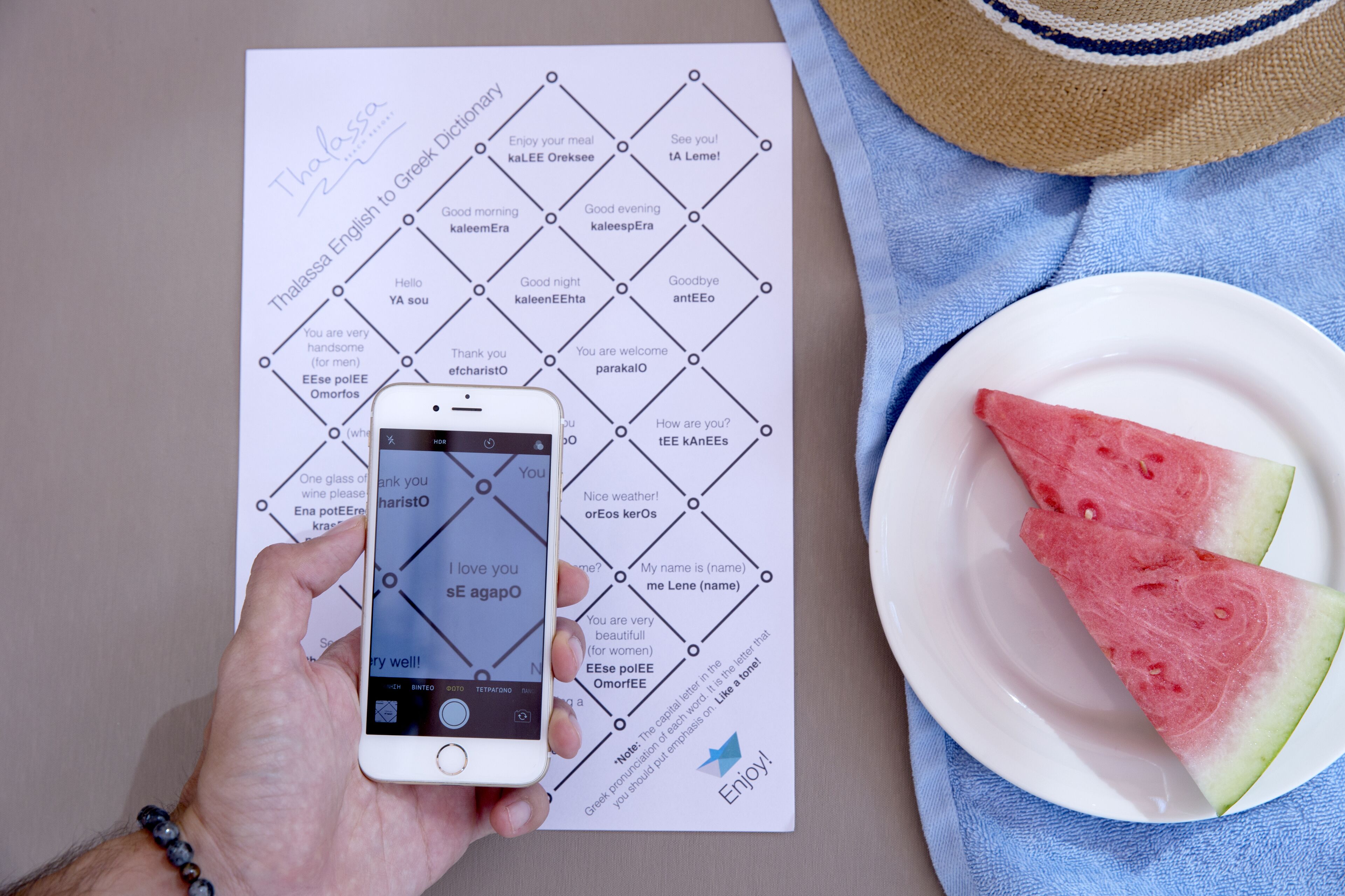Una mano sosteniendo un teléfono inteligente que muestra la aplicación Thalassa de inglés a griego, un plato blanco con rebanadas de sandía y un sombrero de paja sobre una toalla azul.