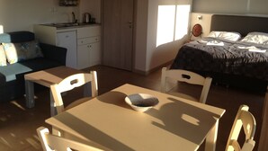 Une pièce de taille modeste comprenant un lit, une petite kitchenette, un coin repas avec une table et des chaises, et un canapé.