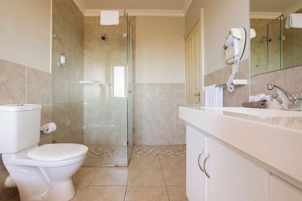 A bathroom with a toilet, shower, and a vanity with a mirror and sink.