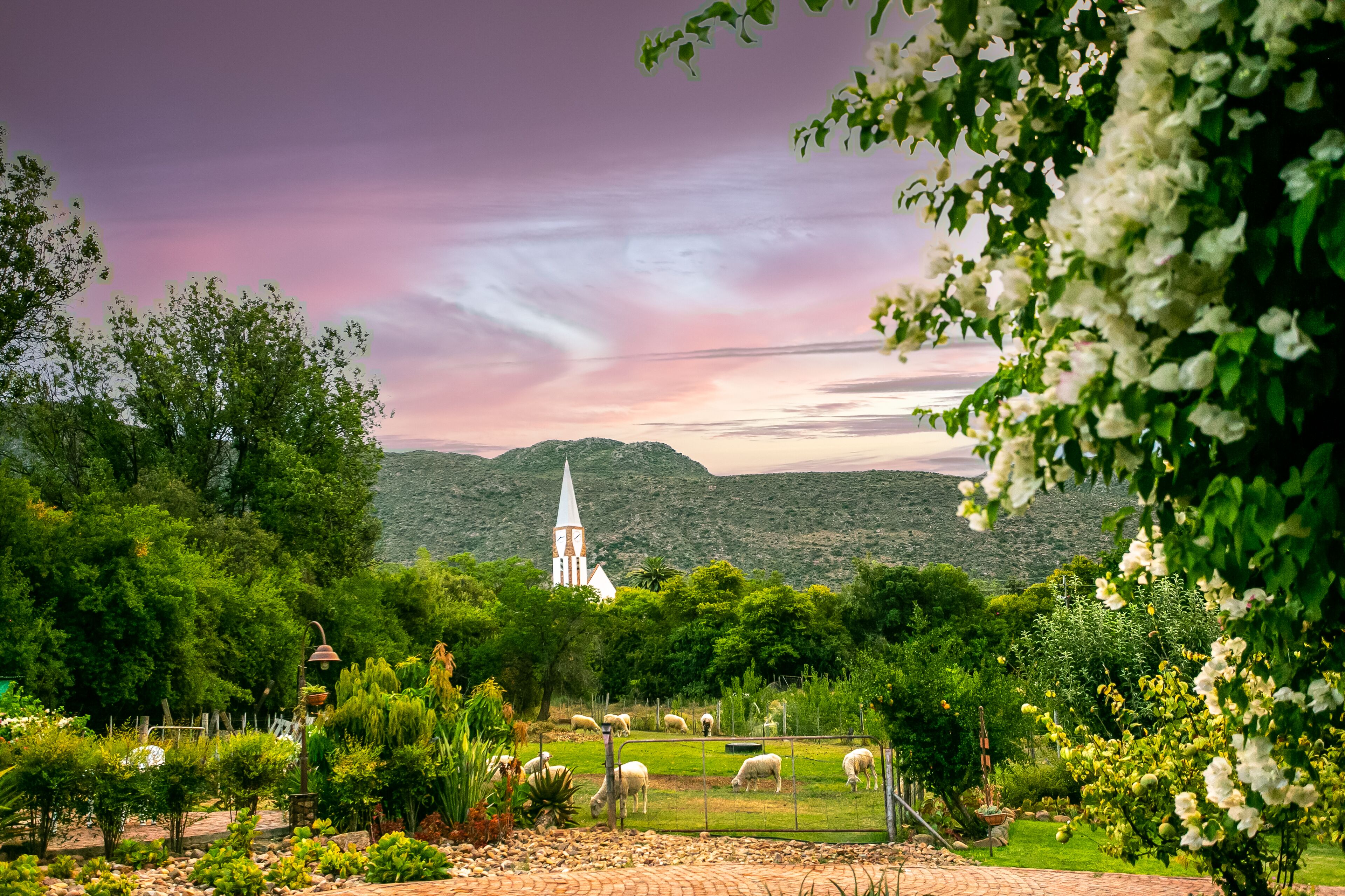 A rural landscape with a church, sheep, and lush greenery.