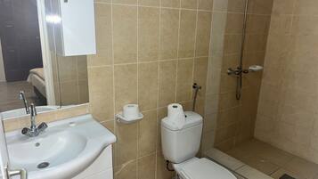 A bathroom with a sink, toilet, and shower.