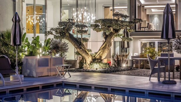 Un espace piscine intérieur moderne, agrémenté d’un grand arbre décoratif, de chaises longues et d’un coin repas avec tables et chaises.