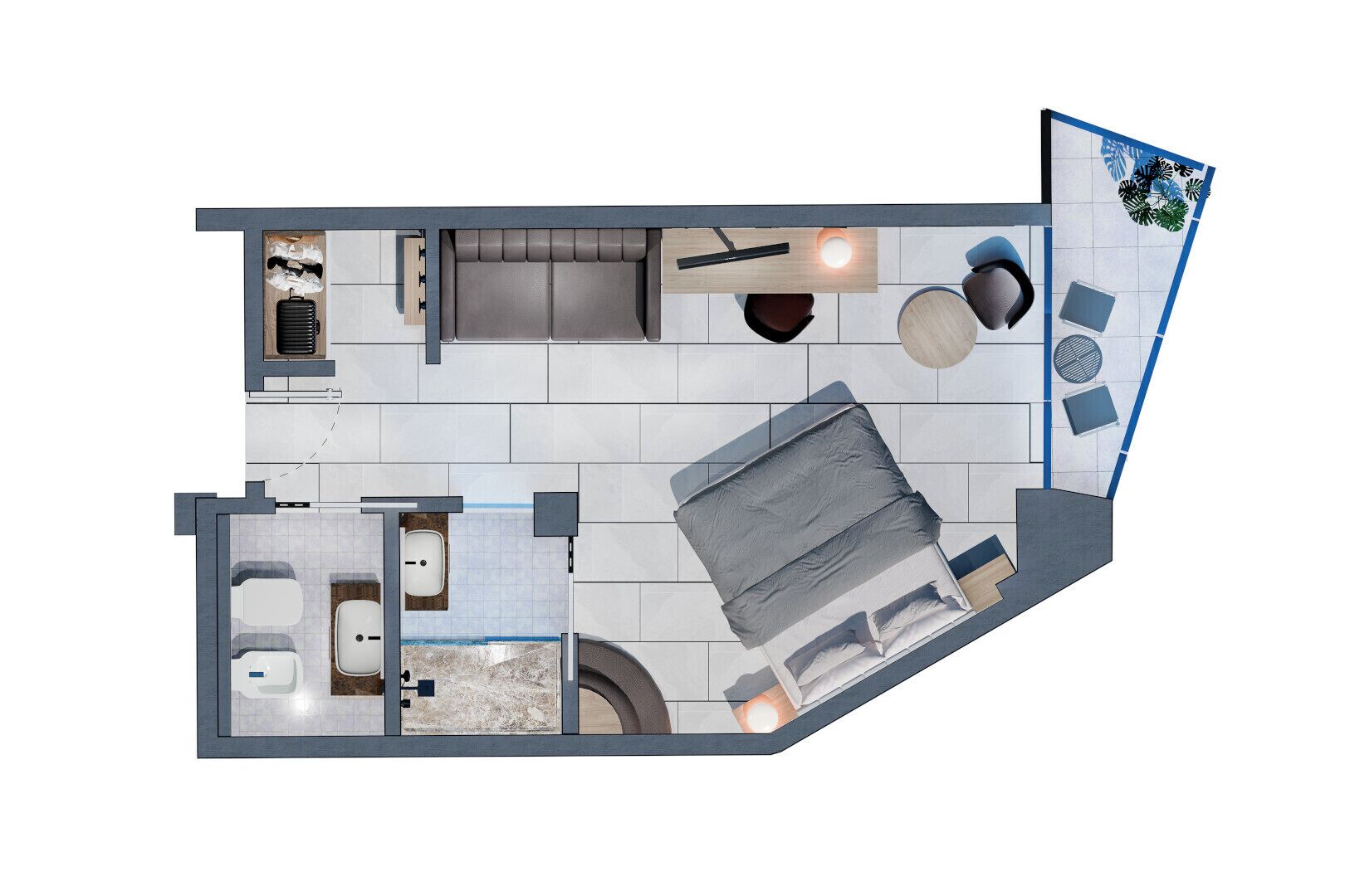 A 2-bedroom apartment layout with a living area, kitchen, bathroom, and a small balcony.