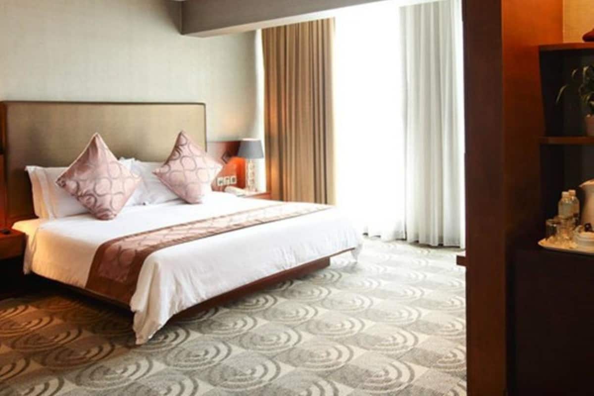Une chambre d’hôtel avec un grand lit, une table de chevet, une lampe et une vue sur l’extérieur par une fenêtre munie de rideaux.
