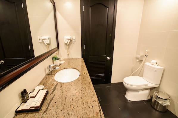 A bathroom with a granite countertop, a sink, a mirror, a toilet, and a trash can.