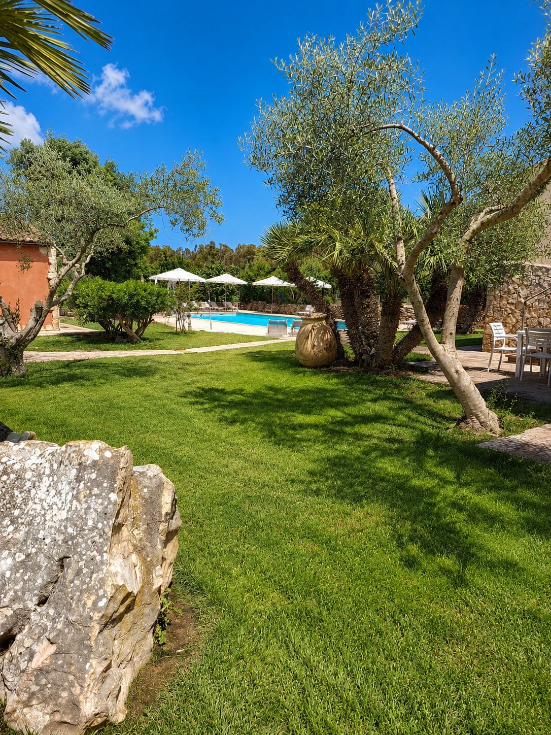 Zona exterior ben cuidada amb una piscina, parets de pedra i arbres diversos.