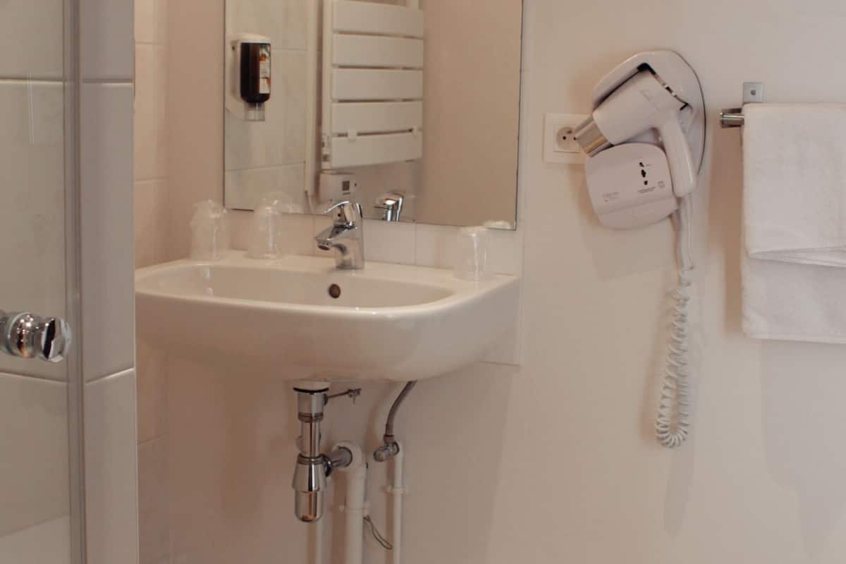 shower, free toiletries, hair dryer, towels