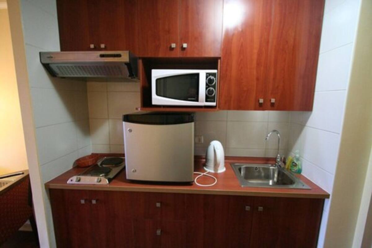 Full-size fridge, microwave, electric kettle