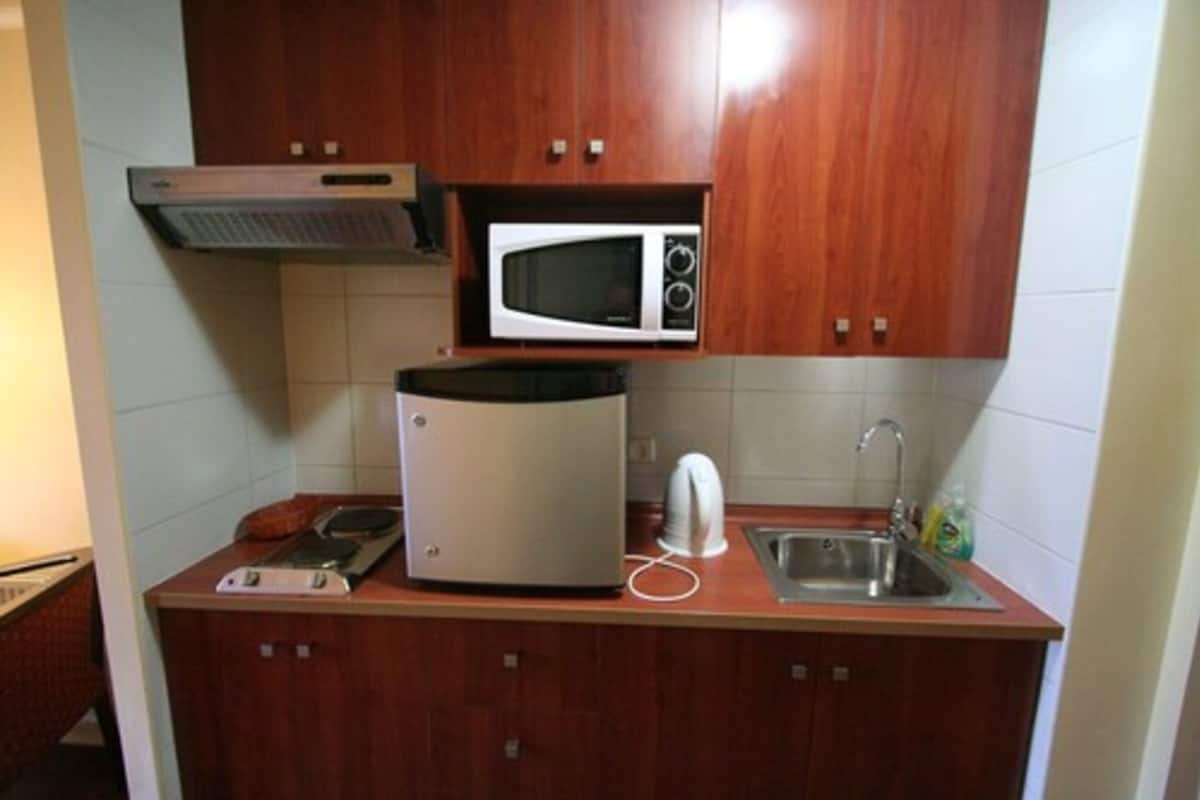 Grand réfrigérateur, micro-ondes, bouilloire électrique