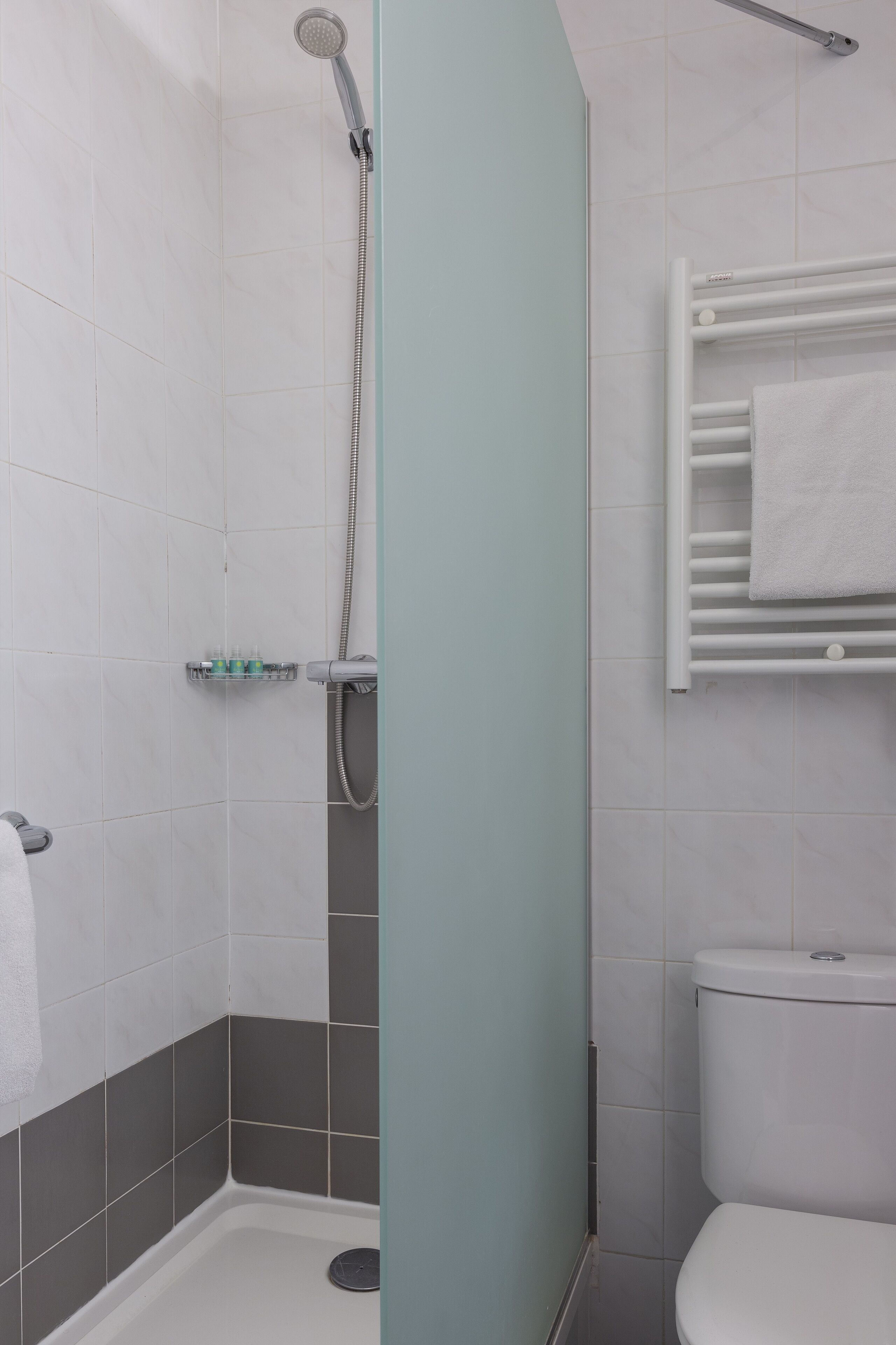 Un baño con ducha, inodoro y perchero para toallas.