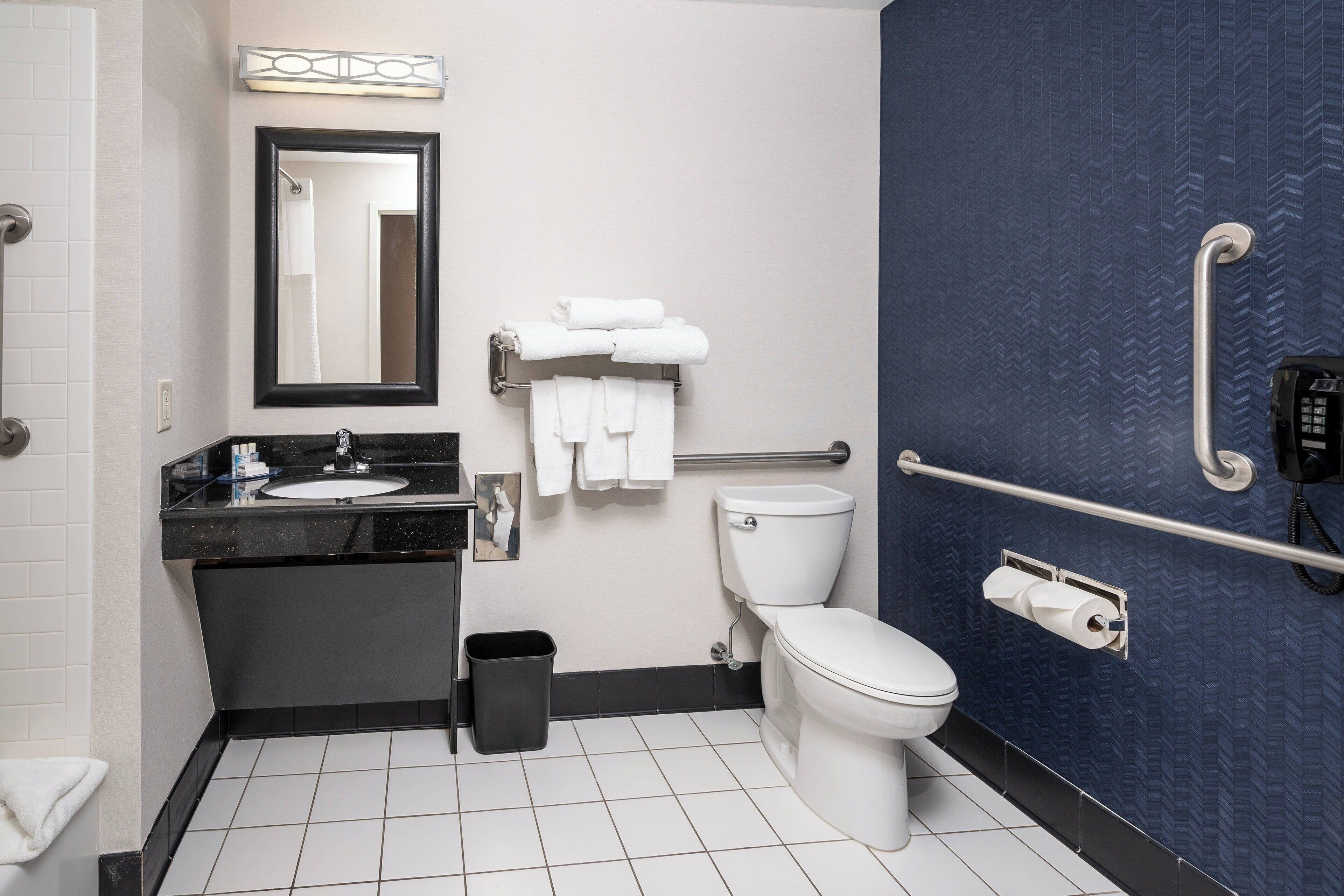 A modern bathroom with a black sink, white toilet, and a handrail on the wall.