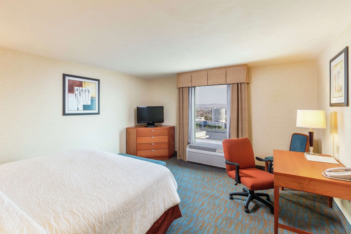 A hotel room with a bed, a desk with a lamp, a chair, a TV, and a window with a city view.
