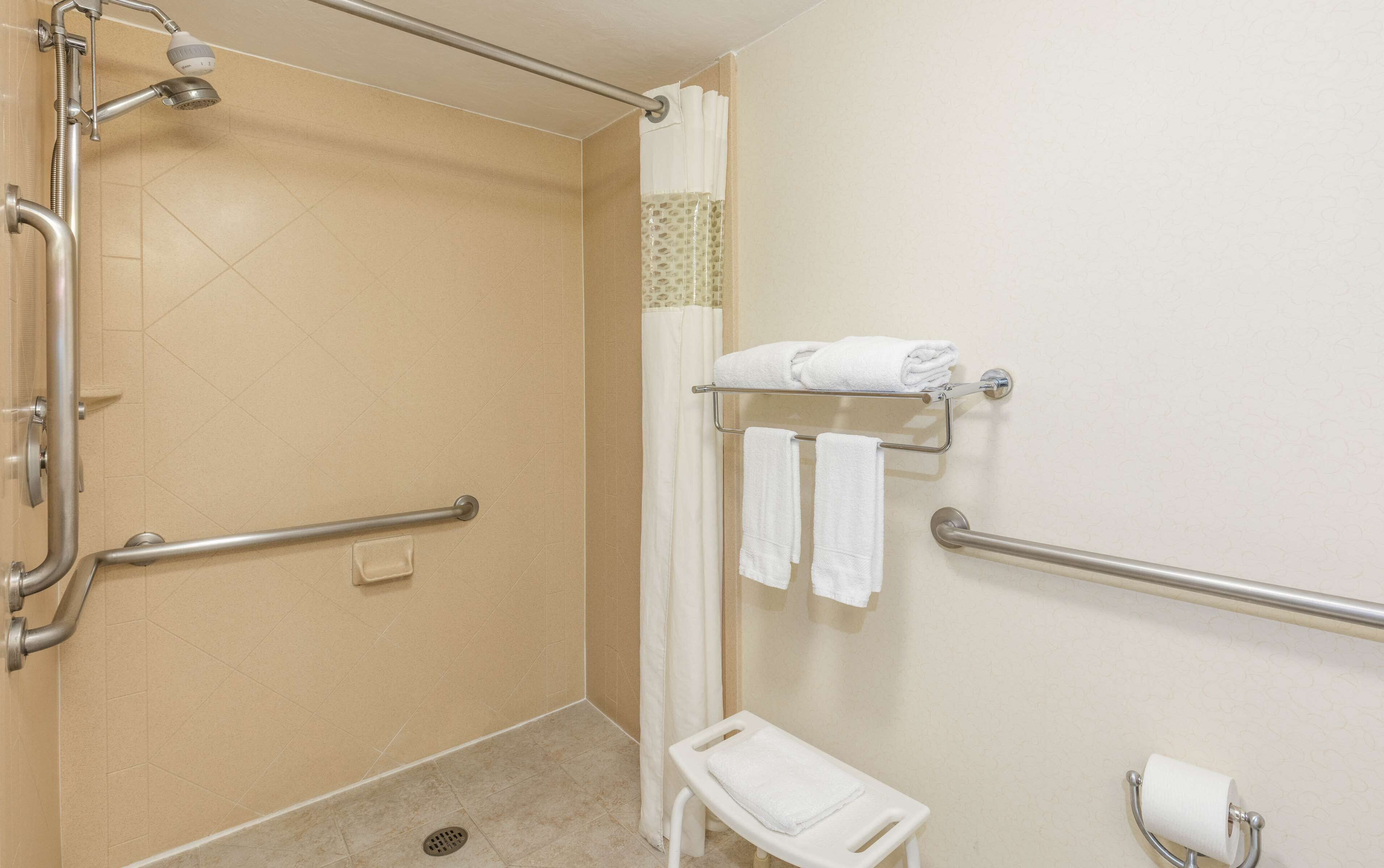 A bathroom with a shower, grab bars, a toilet, and a towel rack.