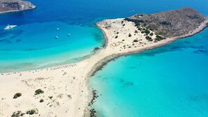Oversigtsbillede af et kystområde med sandstrand, klart turkis vand og en lille klippeø.