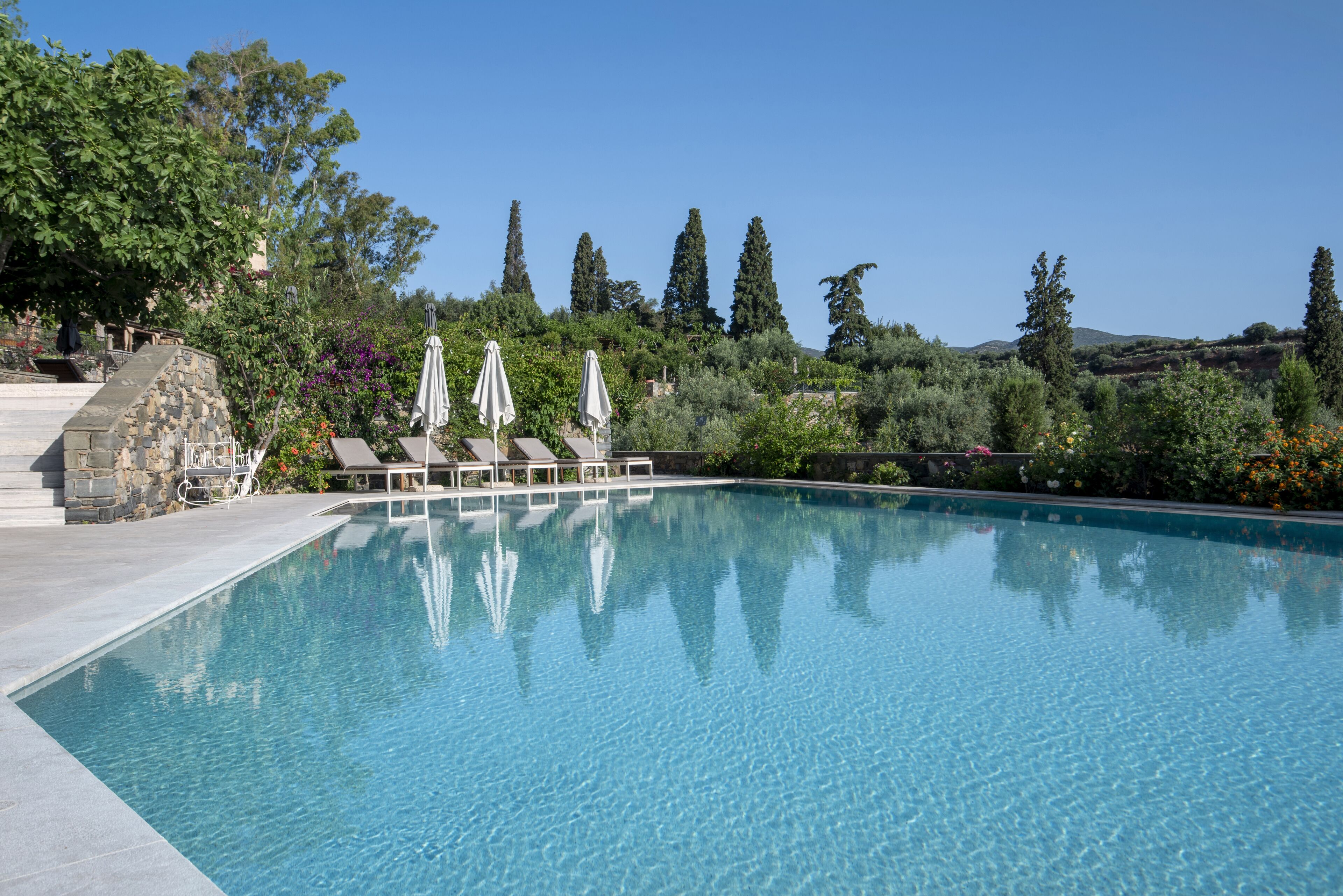 2 من حمّامات السباحة الخارجية، مظلات على حمّام السباحة، مقاعد للتشمس