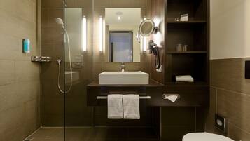 Eco-friendly toiletries, hair dryer, bathrobes, towels