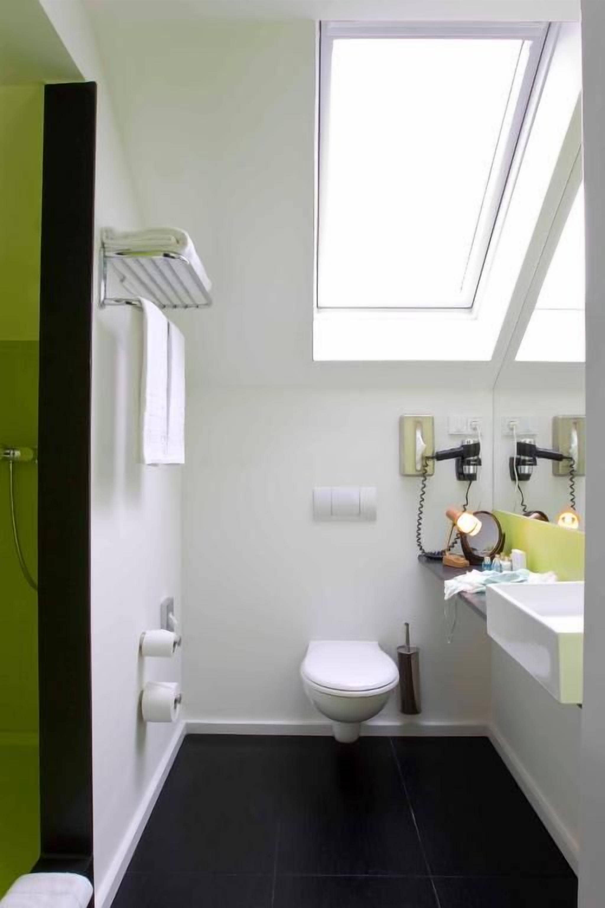 A small bathroom with a skylight, toilet, and a sink with a mirror.
