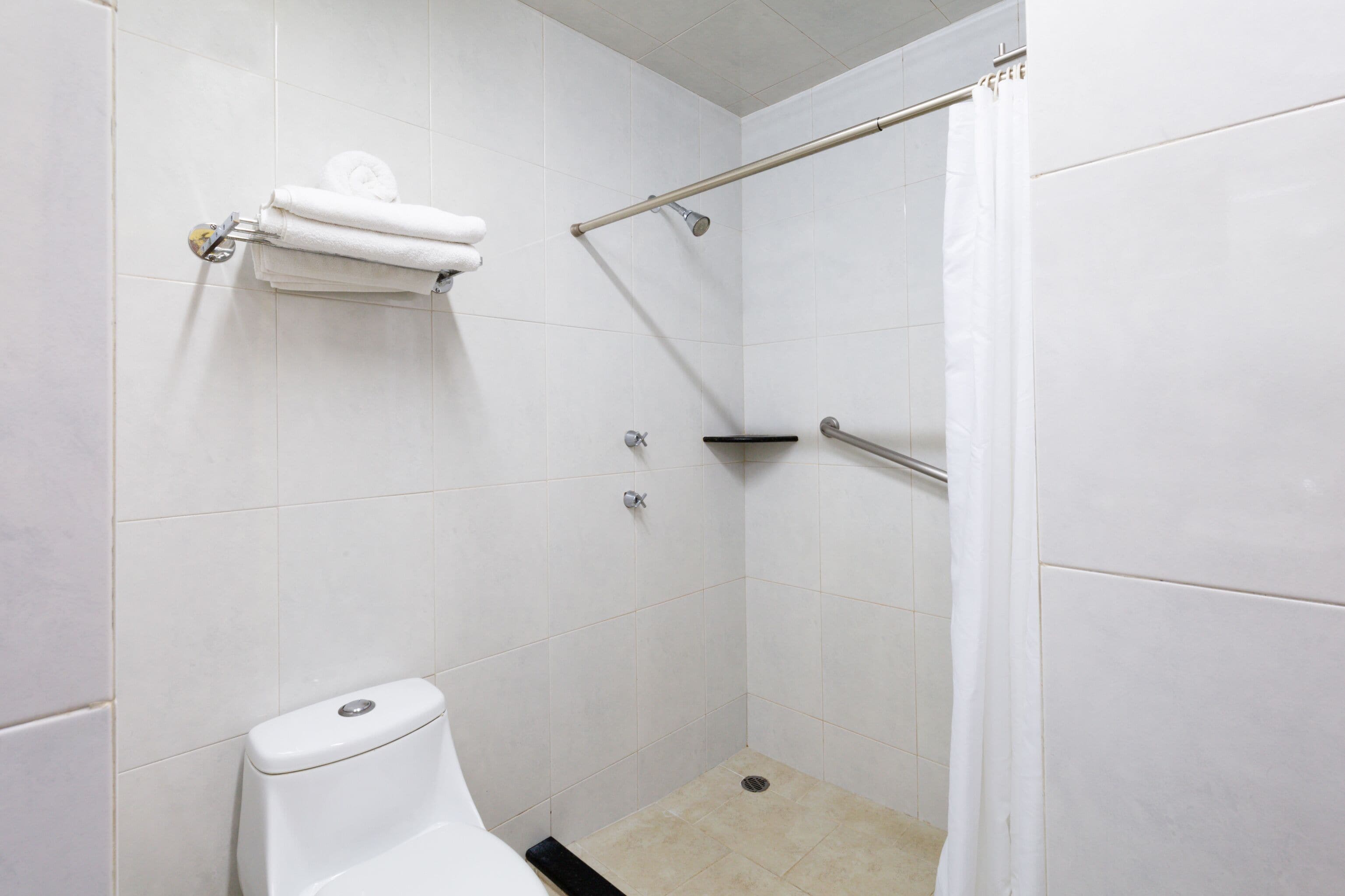 Een kleine, witte betegelde badkamer met een toilet, een douche met een greep en een handdoekrek.