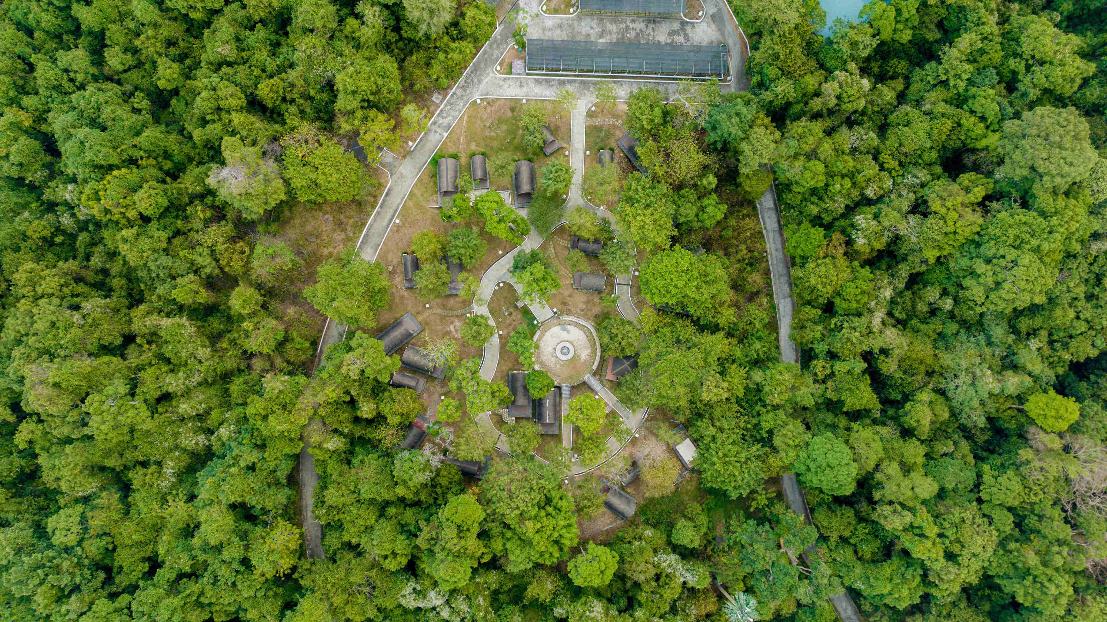 An aerial view of a forested area with a circular monument, pathways, and a solar panel array.