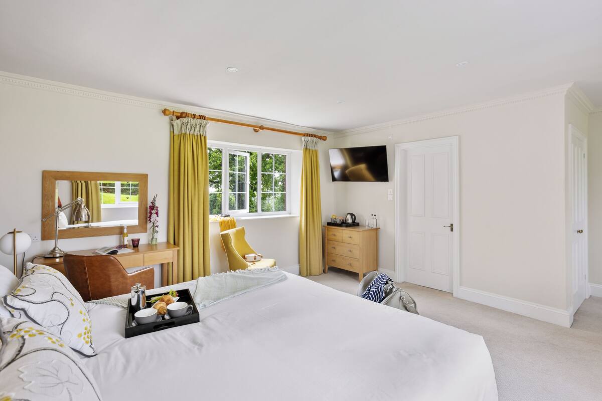 Une chambre d’hôtel avec un grand lit, un bureau avec une chaise, une télévision et une fenêtre avec des rideaux.
