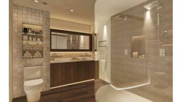 Honeymoon Suite | Bathroom | Combined shower/tub, free toiletries, hair dryer, bathrobes