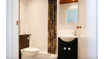 Combined shower/bathtub, free toiletries, hair dryer, bathrobes