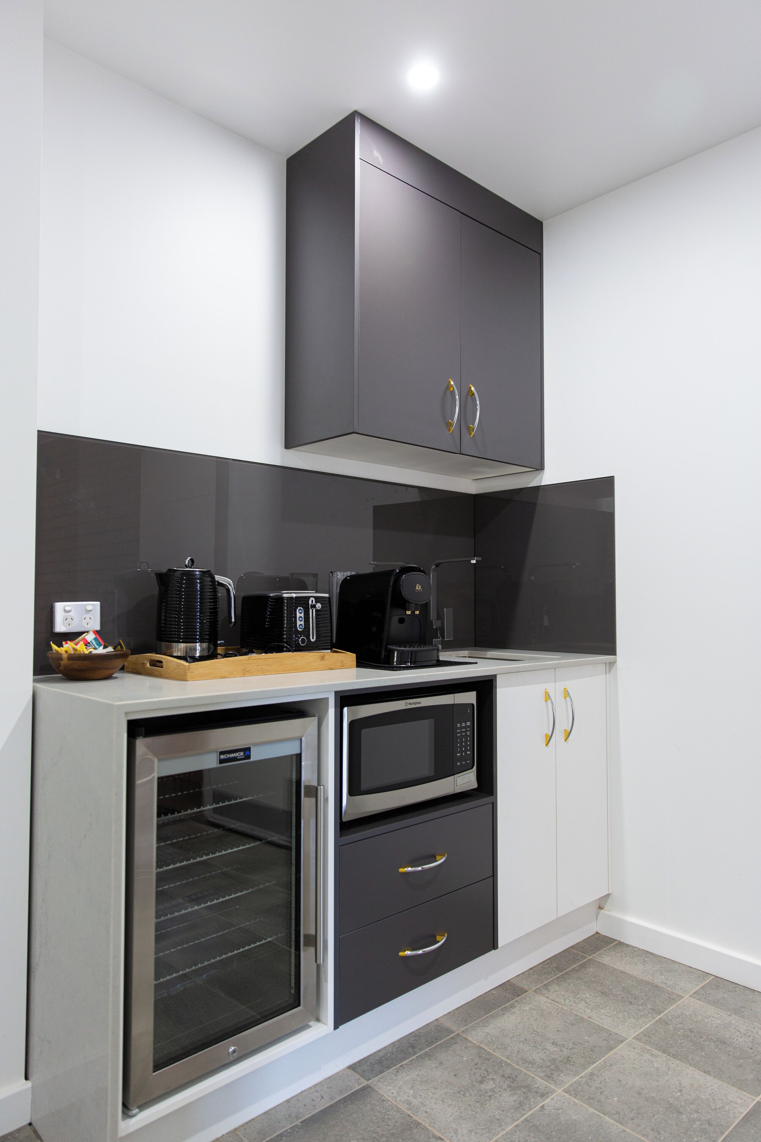 fridge, microwave, electric kettle